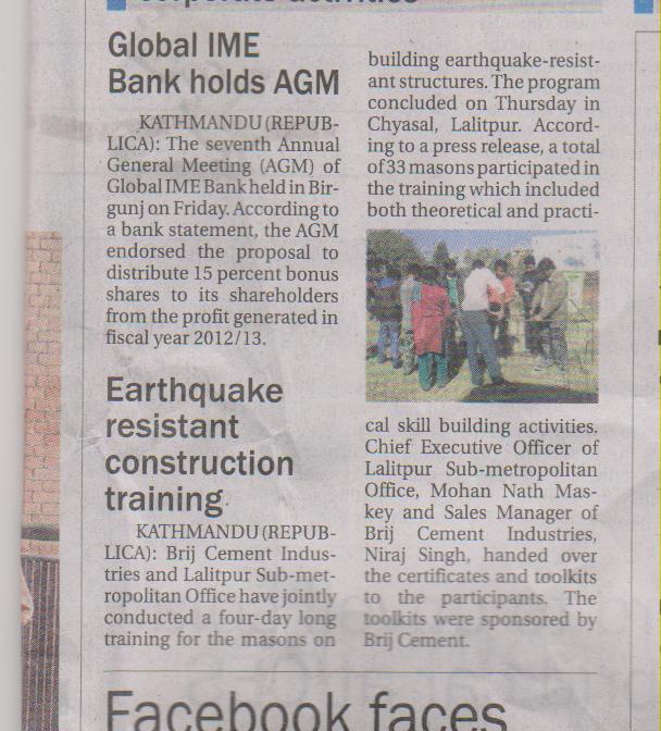 Organizing Training on Earthquake Safety Construction, Mason Training jointly with Lalitpur Sub Metropolitan City